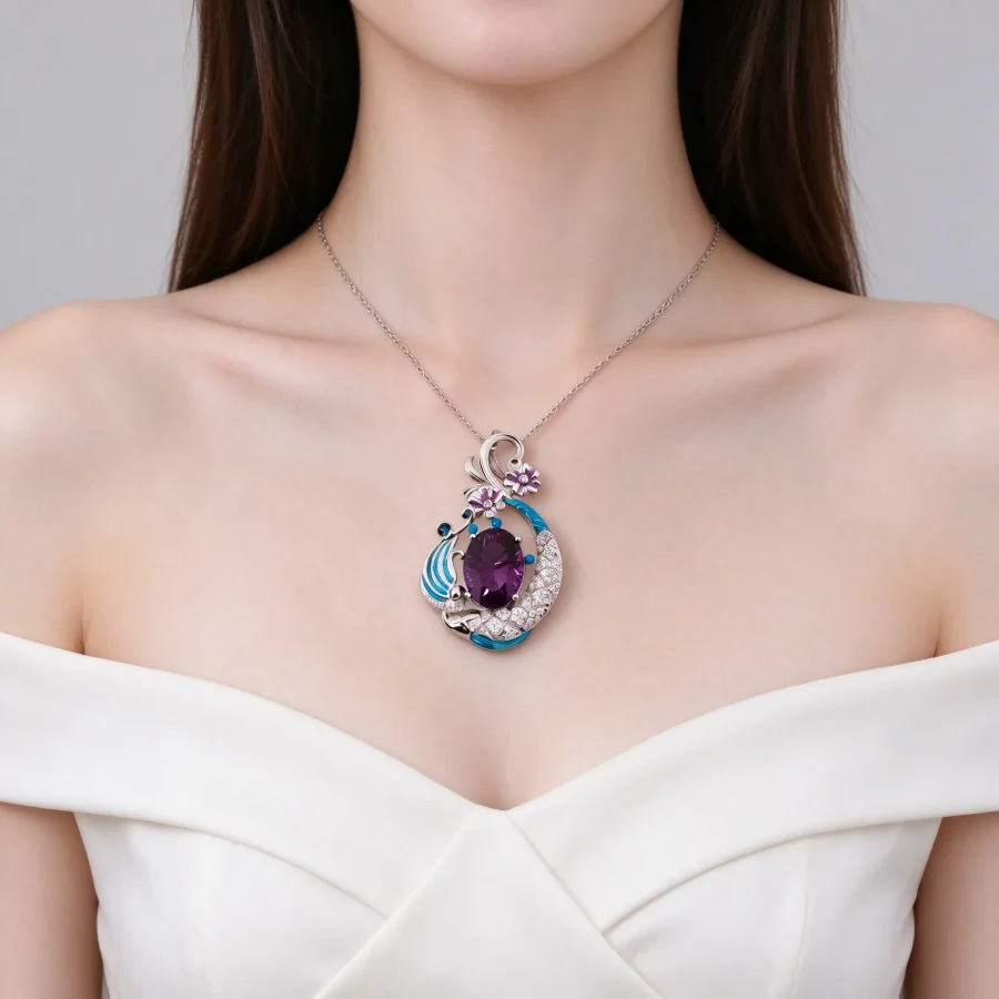 Diamond Crescent Floral Amethyst Pendant