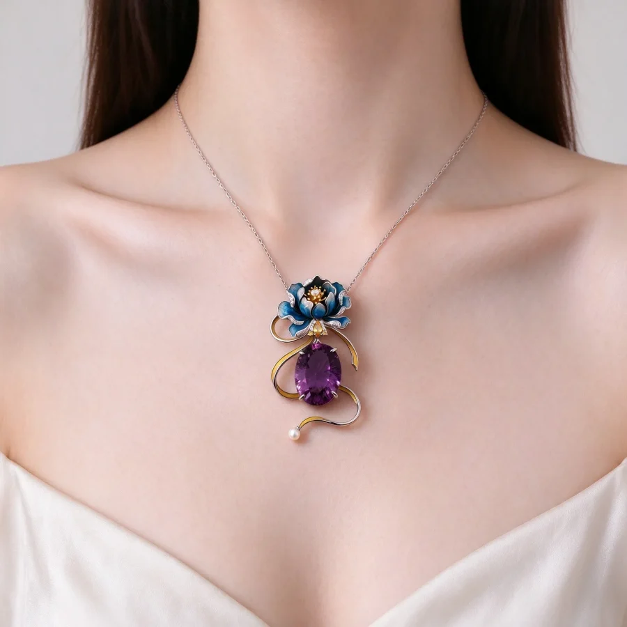 Peony Ribbon Amethyst Pendant