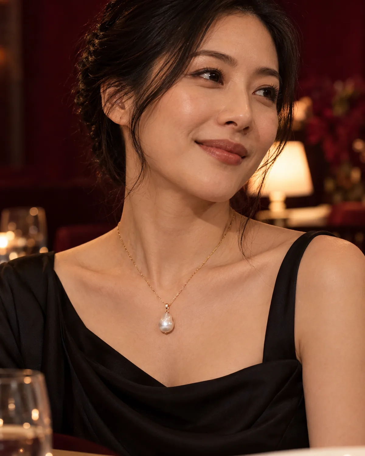 Pearl pendant styled for an evening occasion